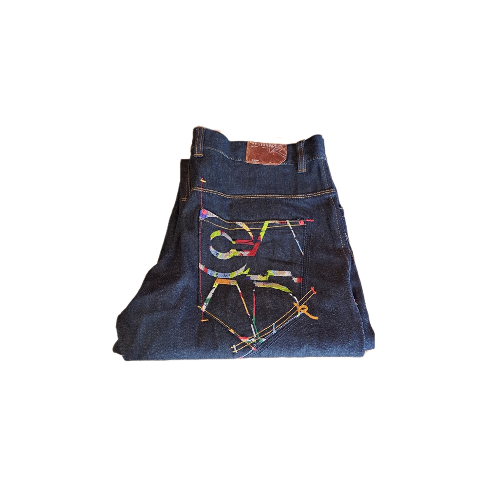 Rocawear Men's Baggy Blue Jeans with Artistic Embroidery Design Size 40 X 34